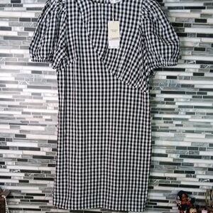 Mango MNG Black White Gingahm Checked Midi Dress Medium NWT